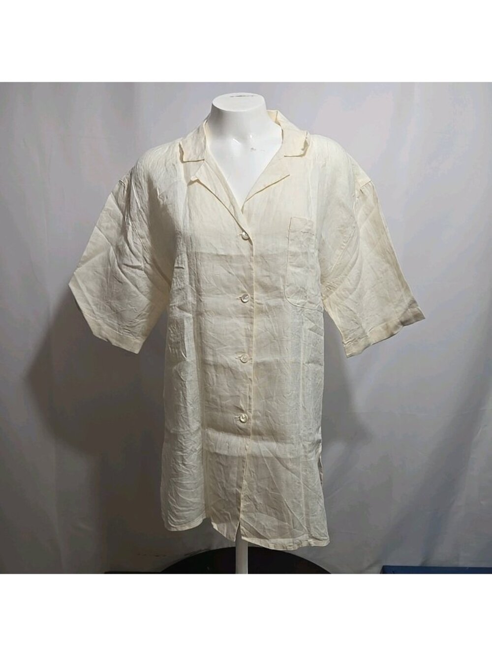 Guy Rover FLAW 100% Linen Loop Camp Collar Button Shirt Size 11 Eur 42 Ivory